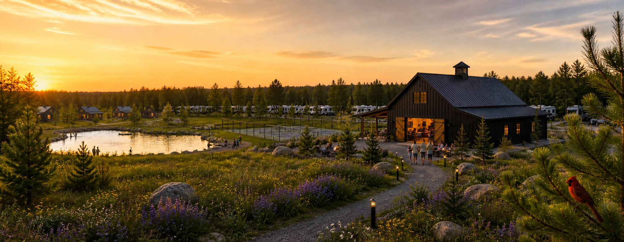 A scenic outdoor area during sunset with a pond, a black barn, outdoor seating, a gravel path, and trees. People are walking and sitting, with flowering plants and a bird in the foreground.