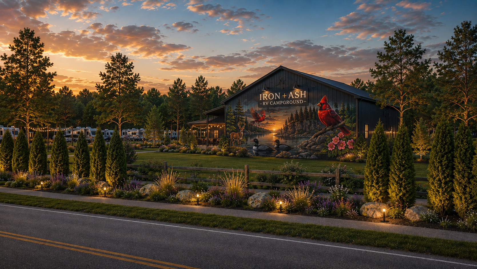 Exterior of Iron + Ash RV campground at sunset, featuring a large mural on a building wall with nature scenes, including a cardinal, ducks, deer, and mountains, surrounded by landscaped greenery and parked RVs.