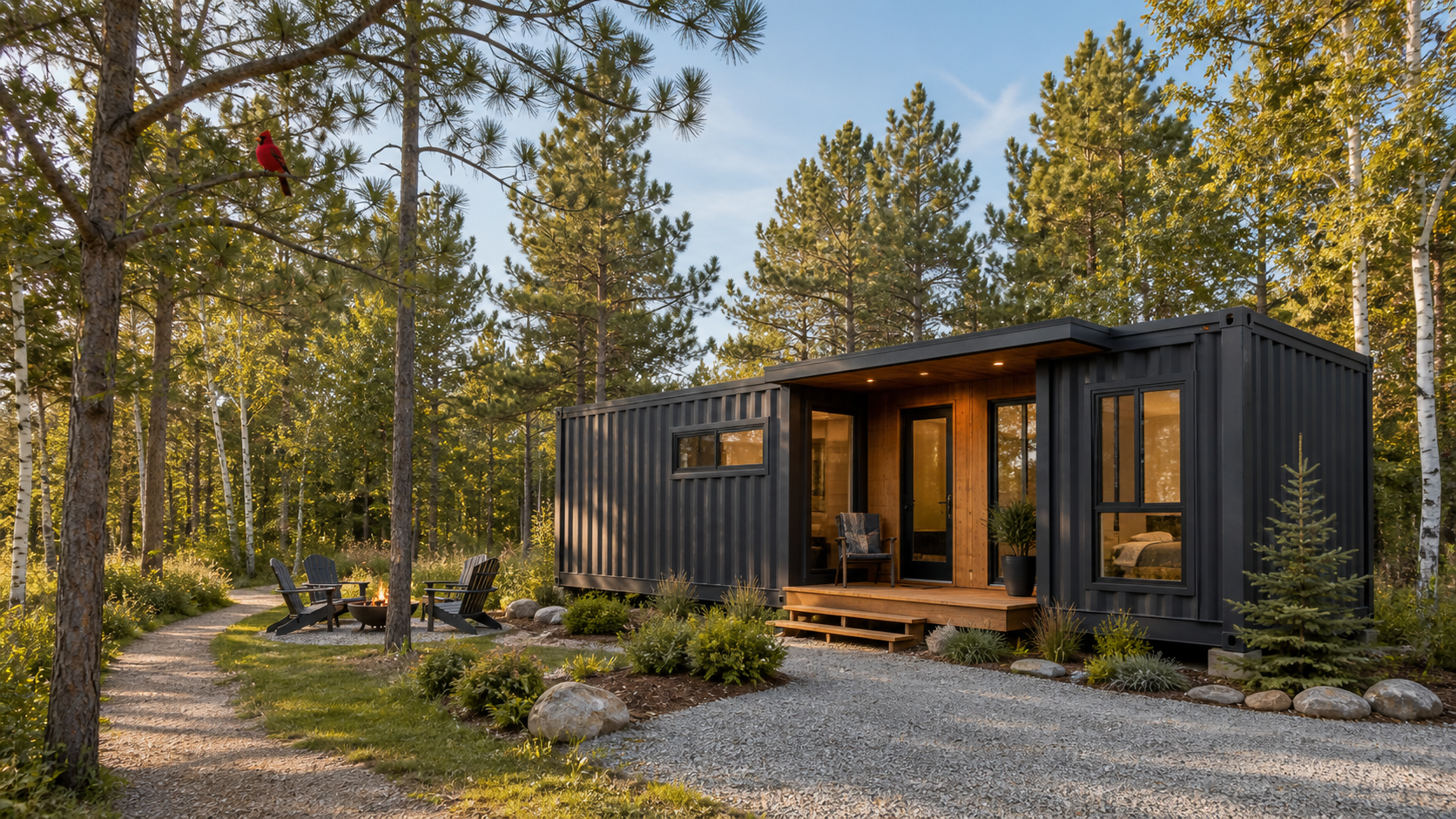 A modern tiny house with black exterior walls, large windows, and a small front porch surrounded by a lush forest with tall pine trees. There is a gravel pathway leading to the house, and a nearby outdoor seating area with Adirondack chairs and a fire pit. A single bird is perched on a branch in the foreground.