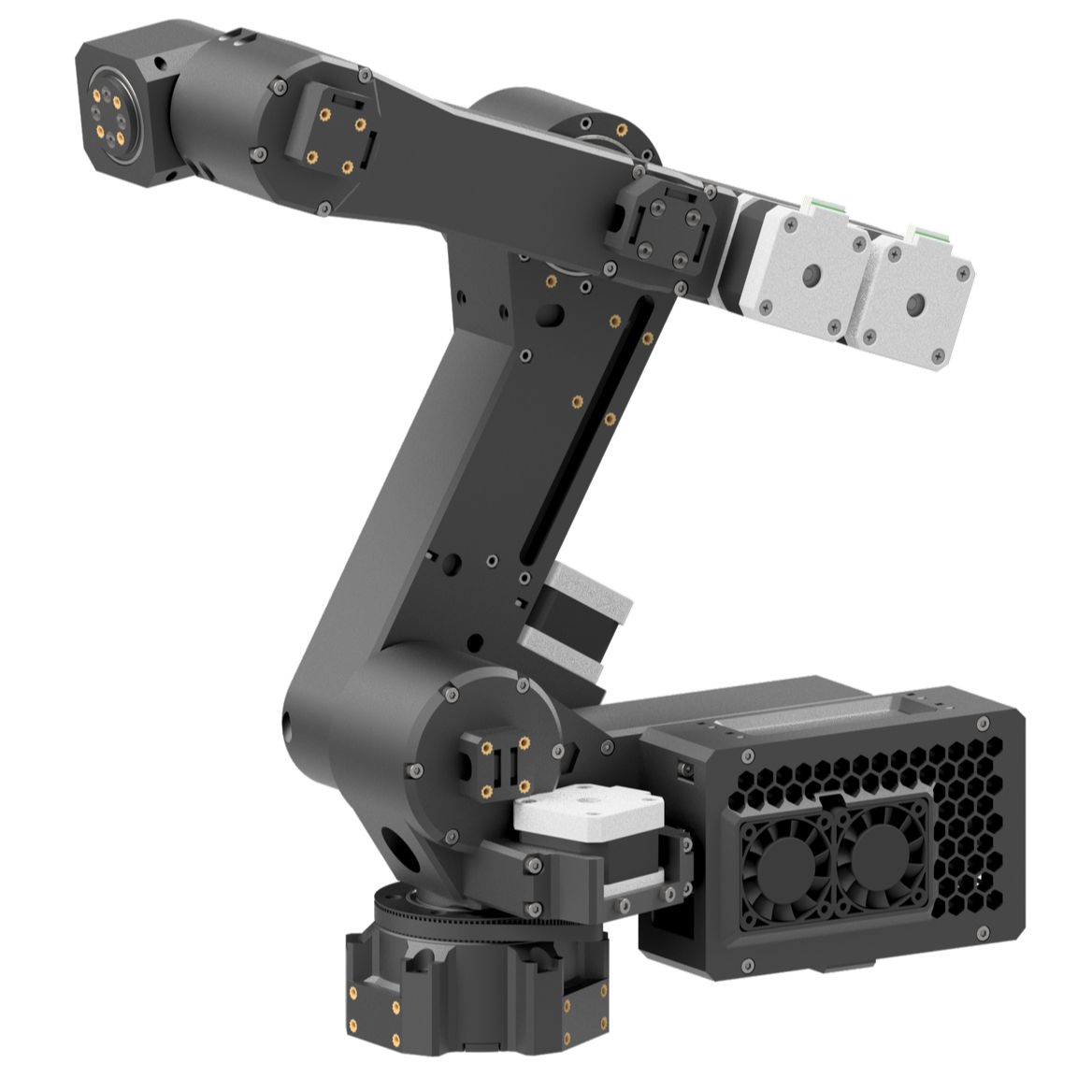 A robotic arm with multiple joints and a black and gray body.