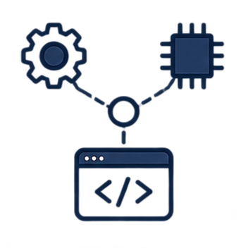 Graphic illustration of coding, with a web browser window displaying a code symbol, connected to gears representing technology or development. Representation of integration process in mechatronics.