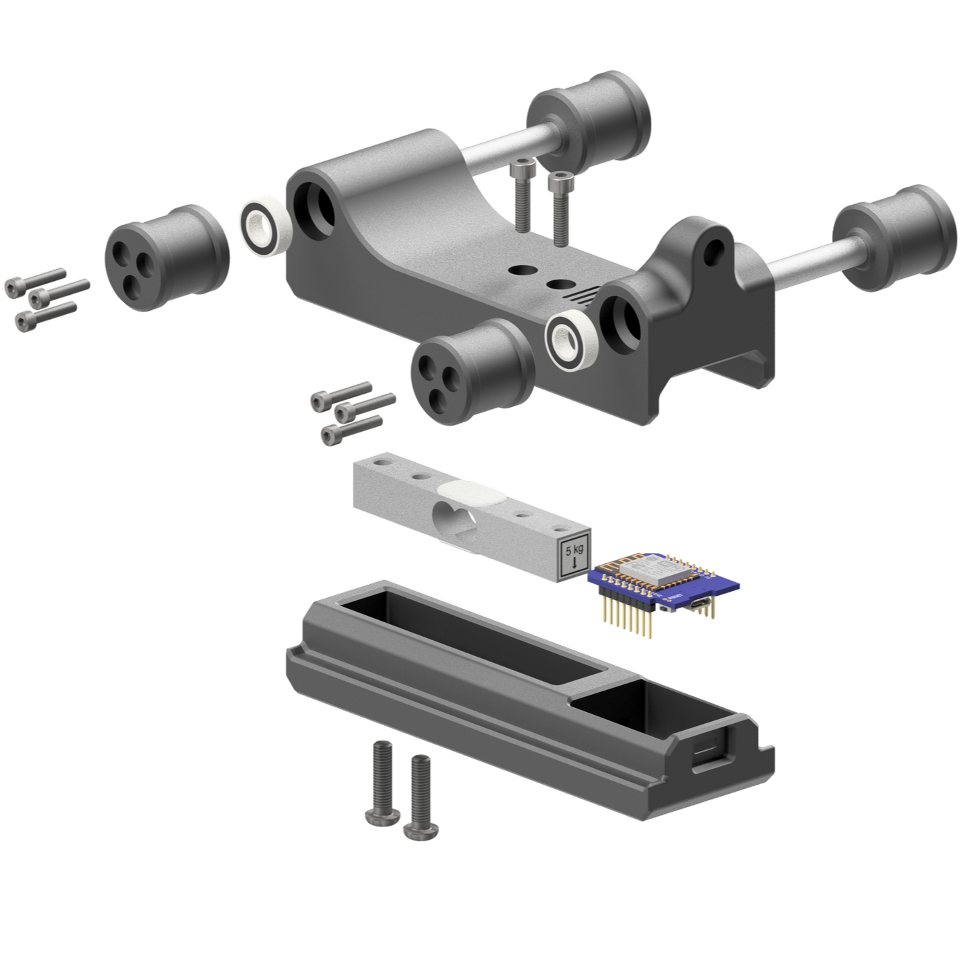 Exploded view of a mechanical assembly with various metal and plastic parts, screws, and electronic components.