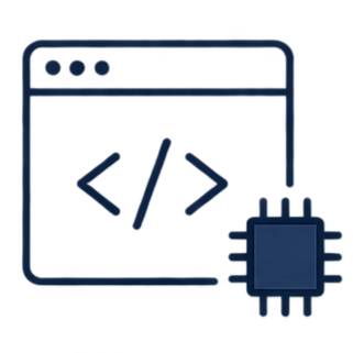 Icon of a computer window with code brackets and a microchip. Representation of programming, including embedded programming.