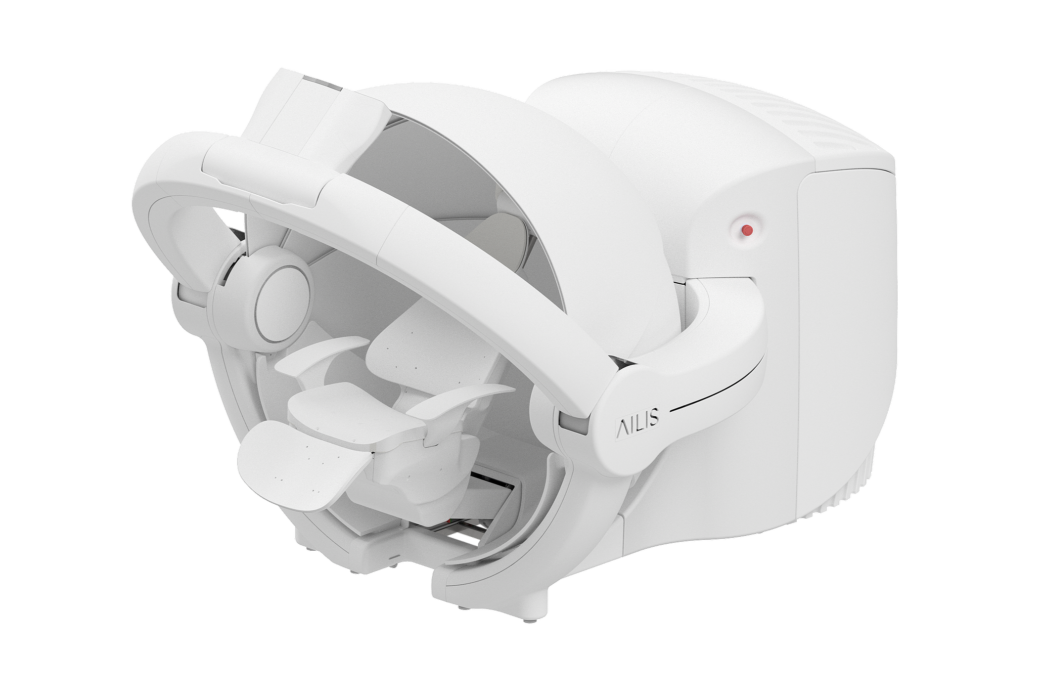 A white medical imaging machine with a chair in front of it, likely used for dental or diagnostic purposes.