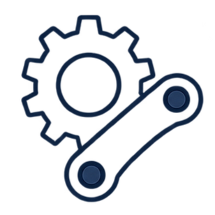 Line drawing of a gear and a connecting link with wheels. Representation of mechanical design.