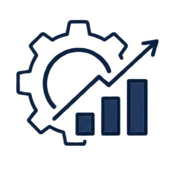 Graphic of a gear with an upward trending arrow and a bar chart showing growth. Representation of manufacturing optimization.