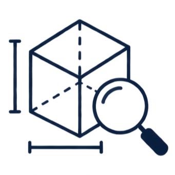 Graphic of a 3D cube with measurement lines and a magnifying glass. Representation of design analysis.