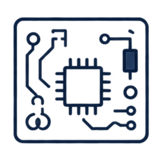 Icon of a microchip with circuit lines and electronic components. Representation of electronic design.