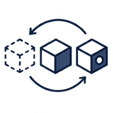 Diagram showing the process of converting a dotted cube into solid cubes with arrows indicating transformation steps. Representation of prototyping.
