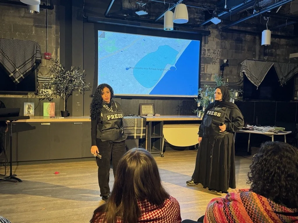 HQ THEATRE, Toronto, ON: Storytellers Chris el-Kholy (left) and Laila Hashem share notes from the diaries of Sondos Qwaidar and Bashar Sallout in a scene from Living with Drones on Dec. 20, 2024
