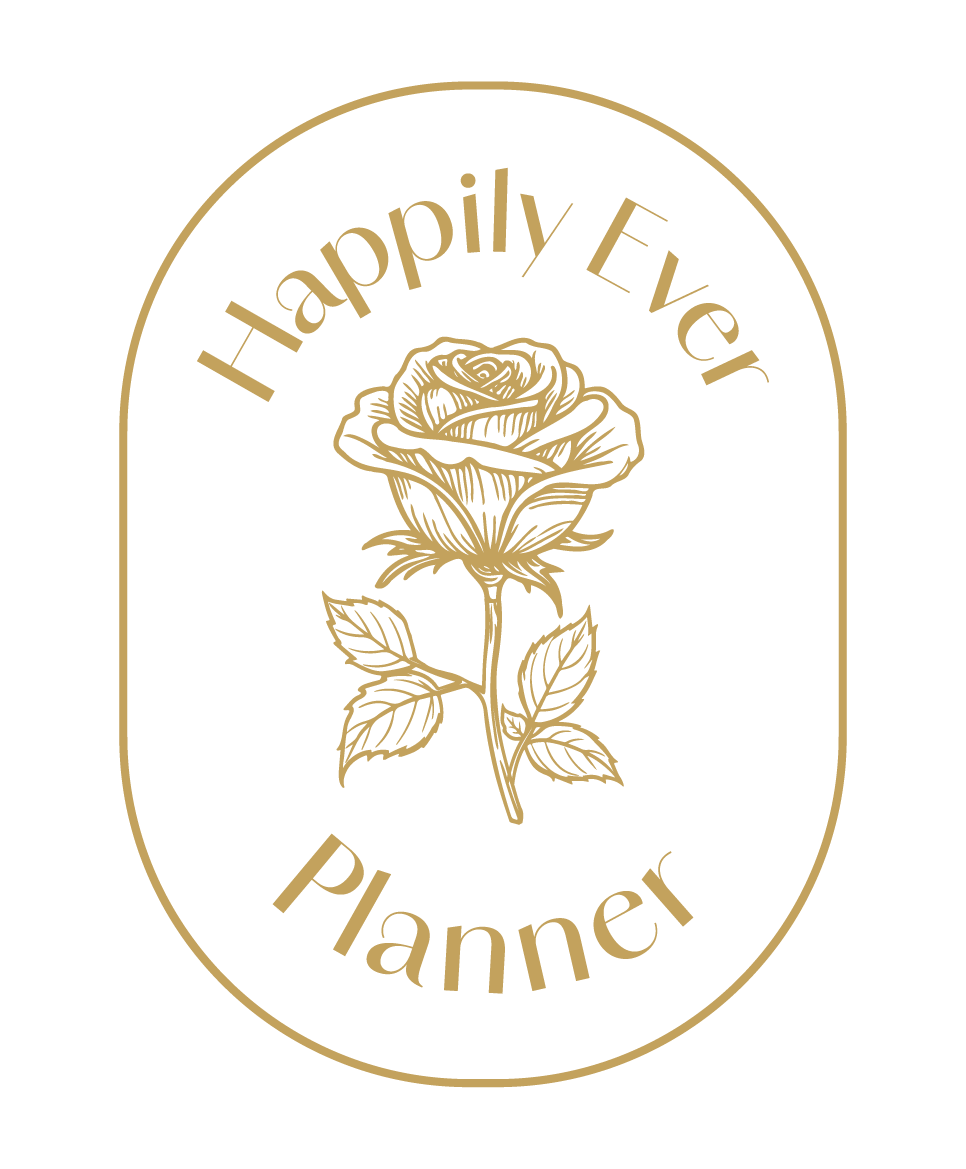 Design featuring a gold outline of a flower and the words "Happily Ever Planner" on a black background.