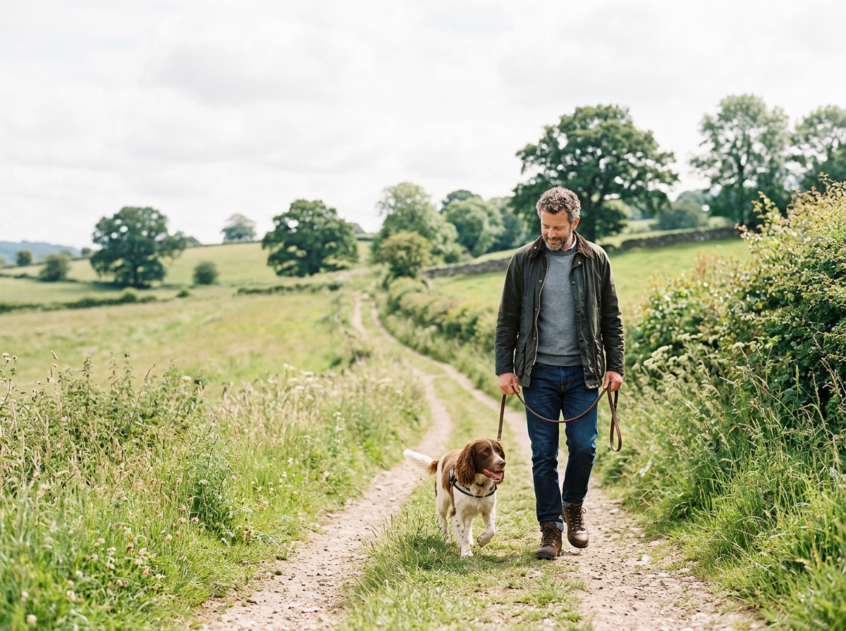 A man walking on a dirt trail in a green countryside with his dog, surrounded by grass, trees, and cloudy sky.
