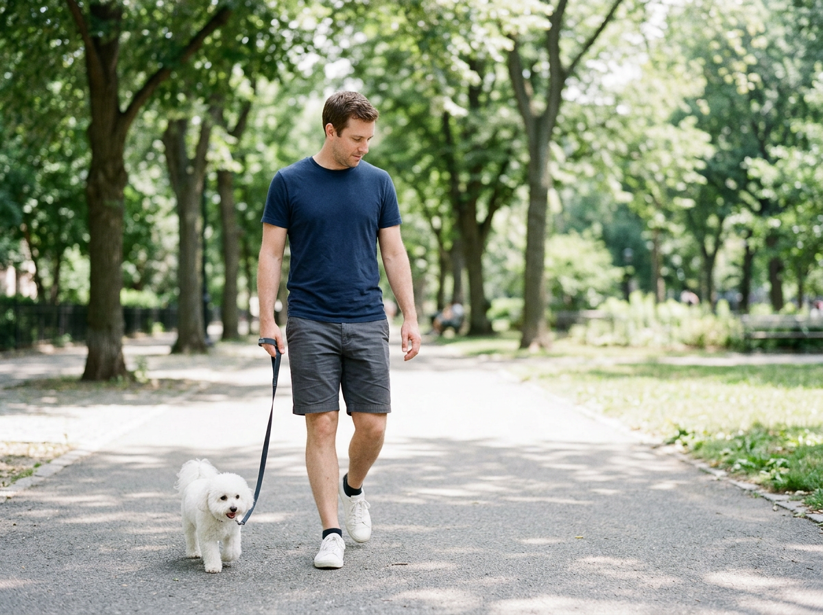 A man walking his small white dog on a leash in a park with green trees and grass.