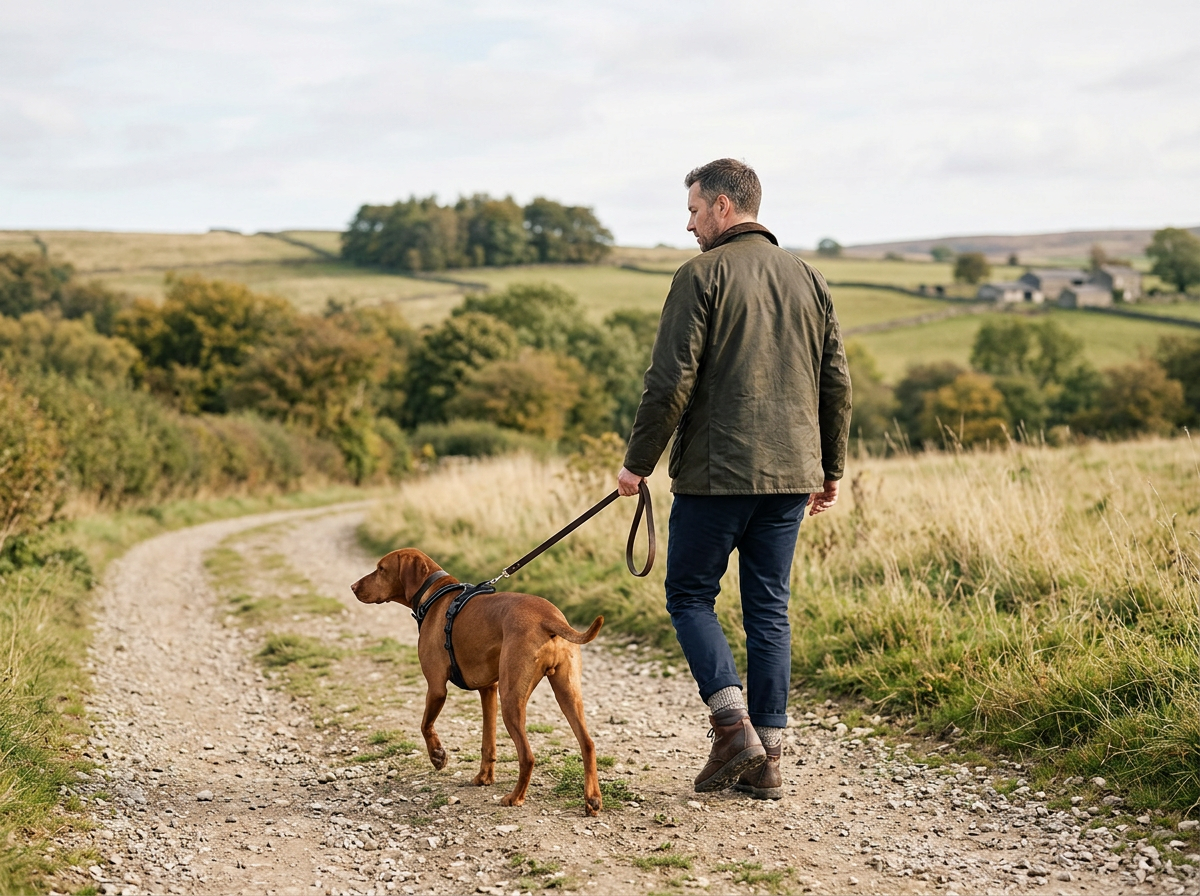 A man walking a brown dog on a dirt path in a rural landscape with green fields and trees.