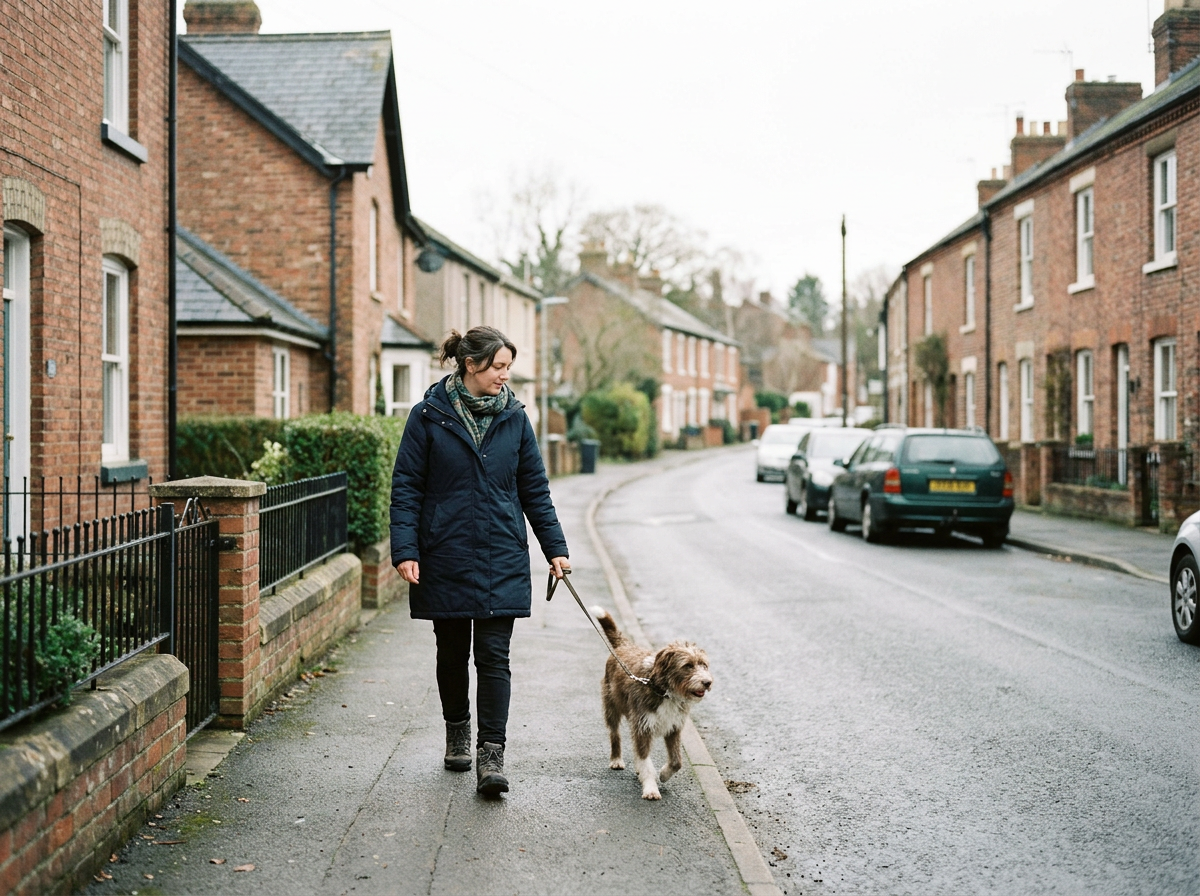 A woman walking her dog on a residential street with brick houses and parked cars.