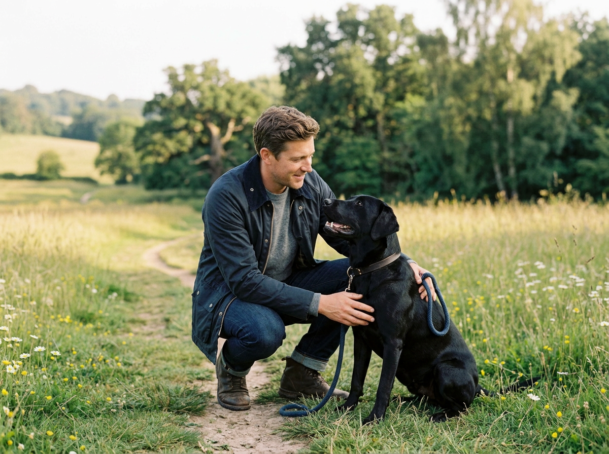 A man walking a dog on a grassy trail in a field, hugging a black Labrador retriever, with trees and a partly cloudy sky in the background.