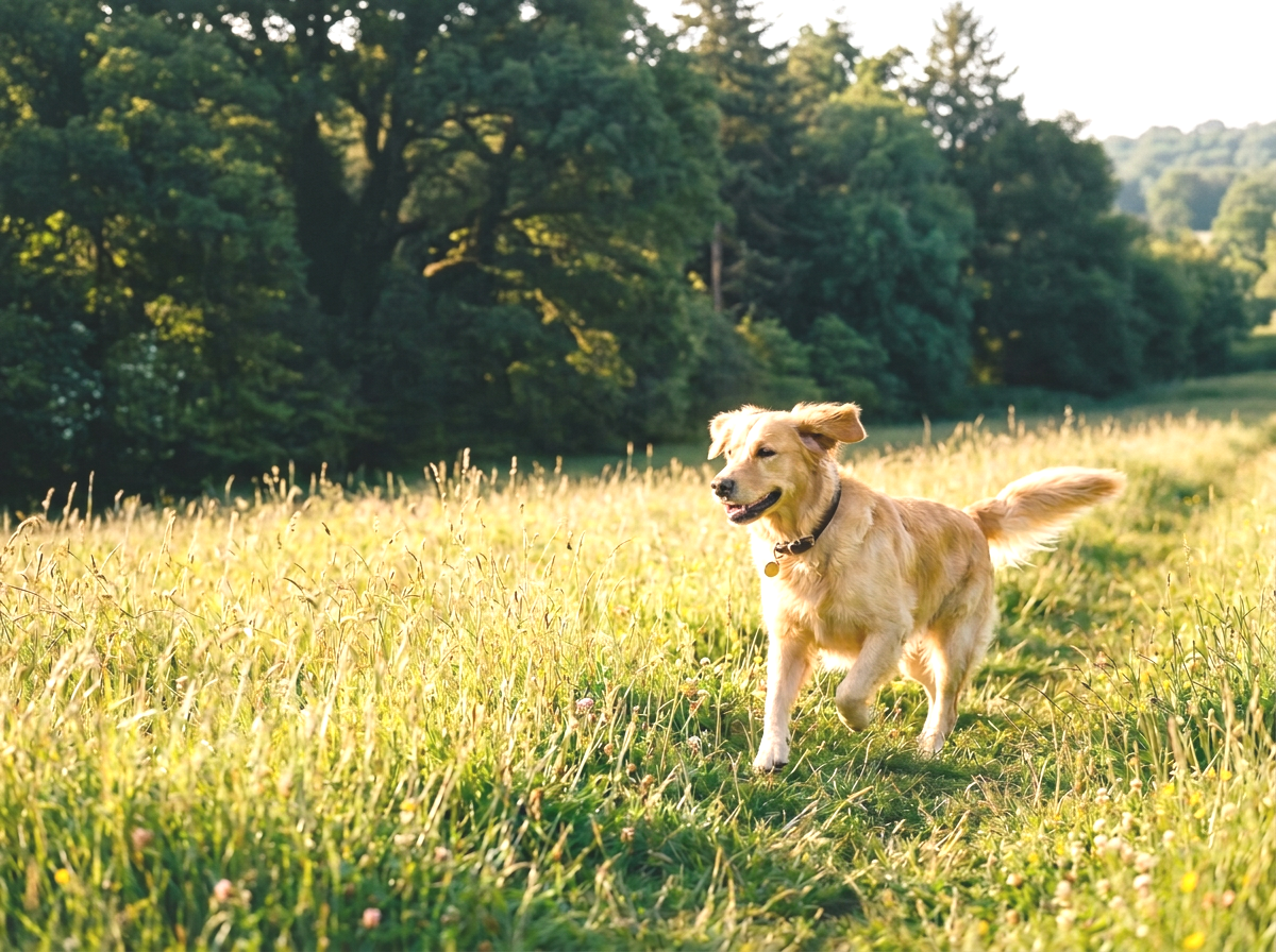 Golden retriever dog running through a grassy field on a sunny day with trees in the background.