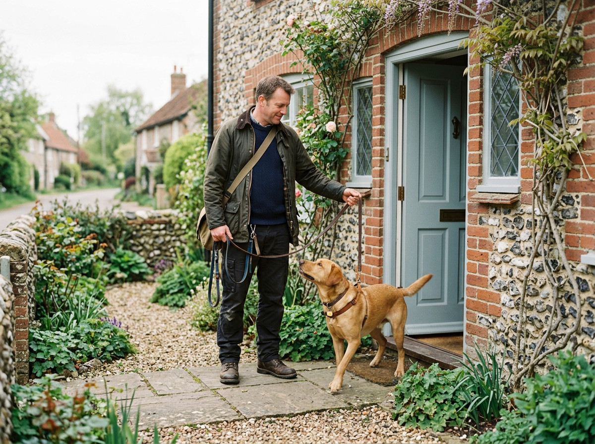 A man about to walk a dog, holding a leash attached to a brown Labrador retriever looking up at him. The house has a garden with various plants and flowers, a stone pathway, and a lush street scene in the background.