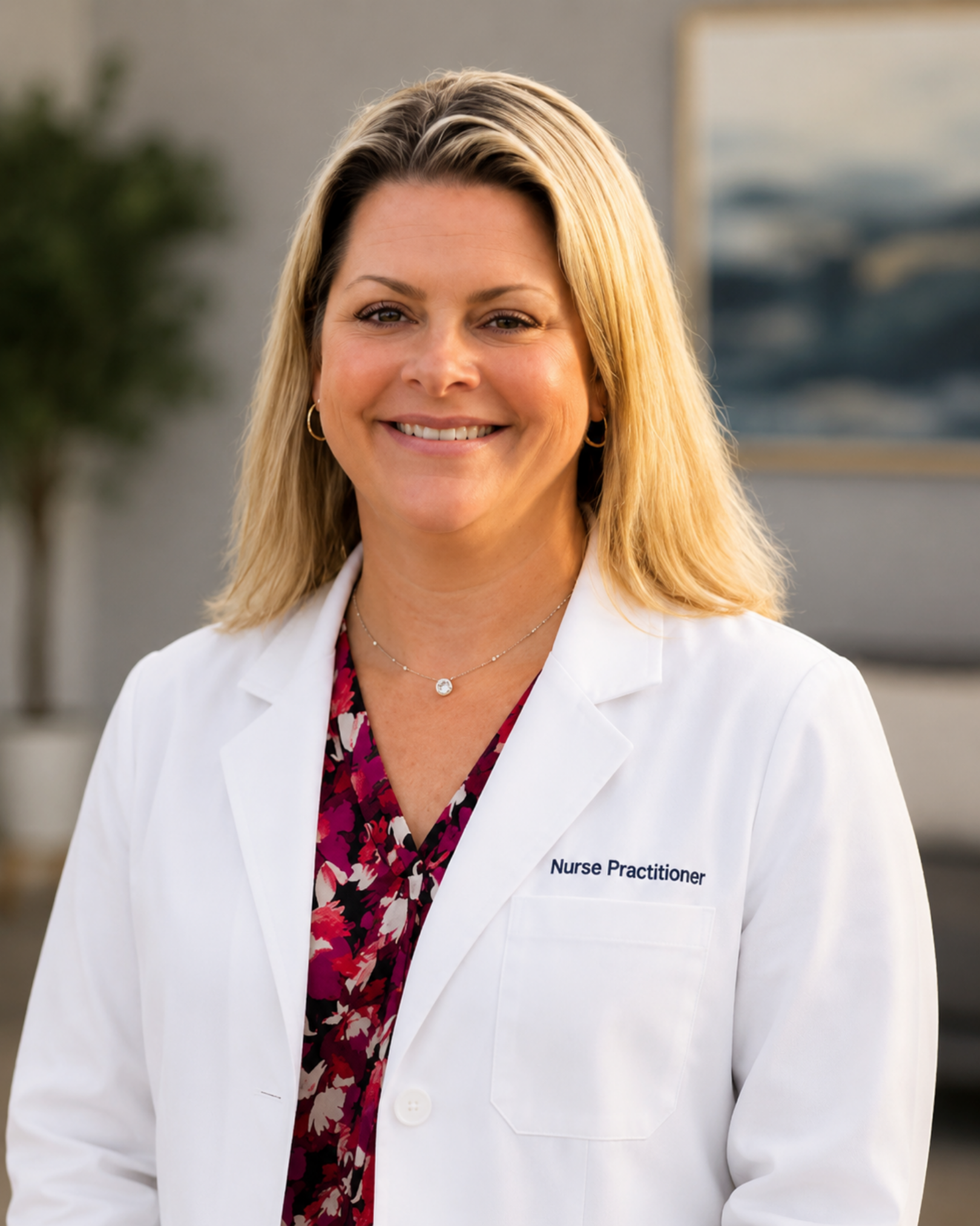 A smiling blonde woman wearing a white coat with a nurse practitioner insignia and a floral shirt underneath, standing indoors with a blurred background including a plant and a painting.