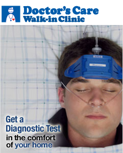 Brochure for Doctor's Care Walk-in Clinic featuring a man with medical sensors on his head, promoting diagnostic testing at home, with blue and white design elements.