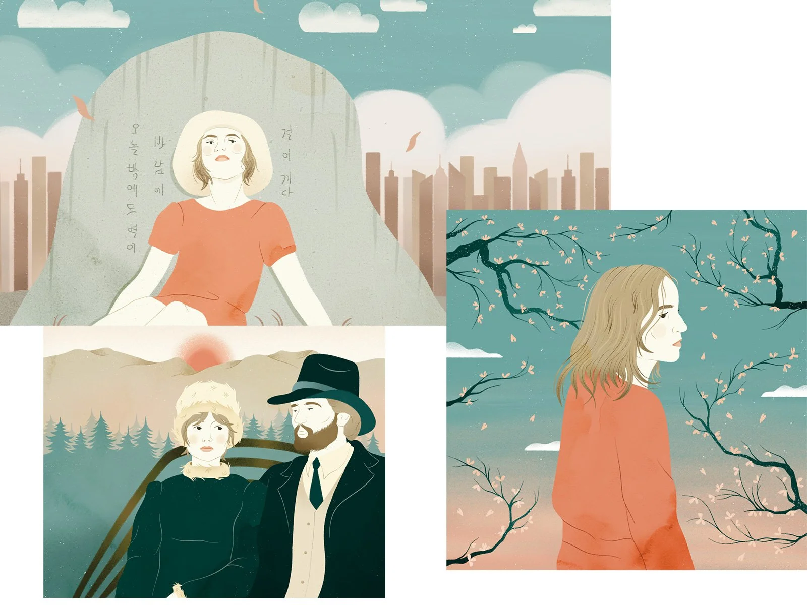 Anna Payan press illustrations for Cinemania Magazine, about Isabelle Huppert