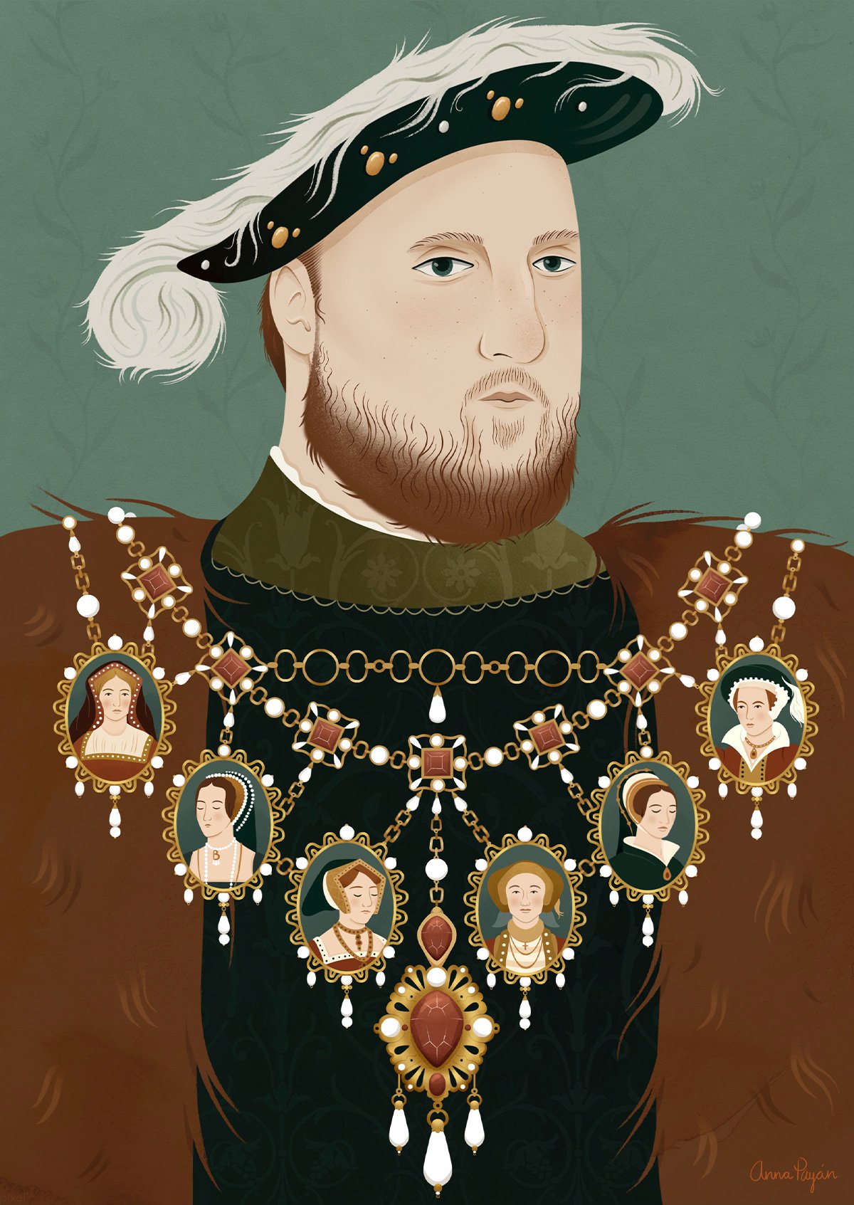 Portrait of Enrique VIII, editorial illustration by Anna Payan 
