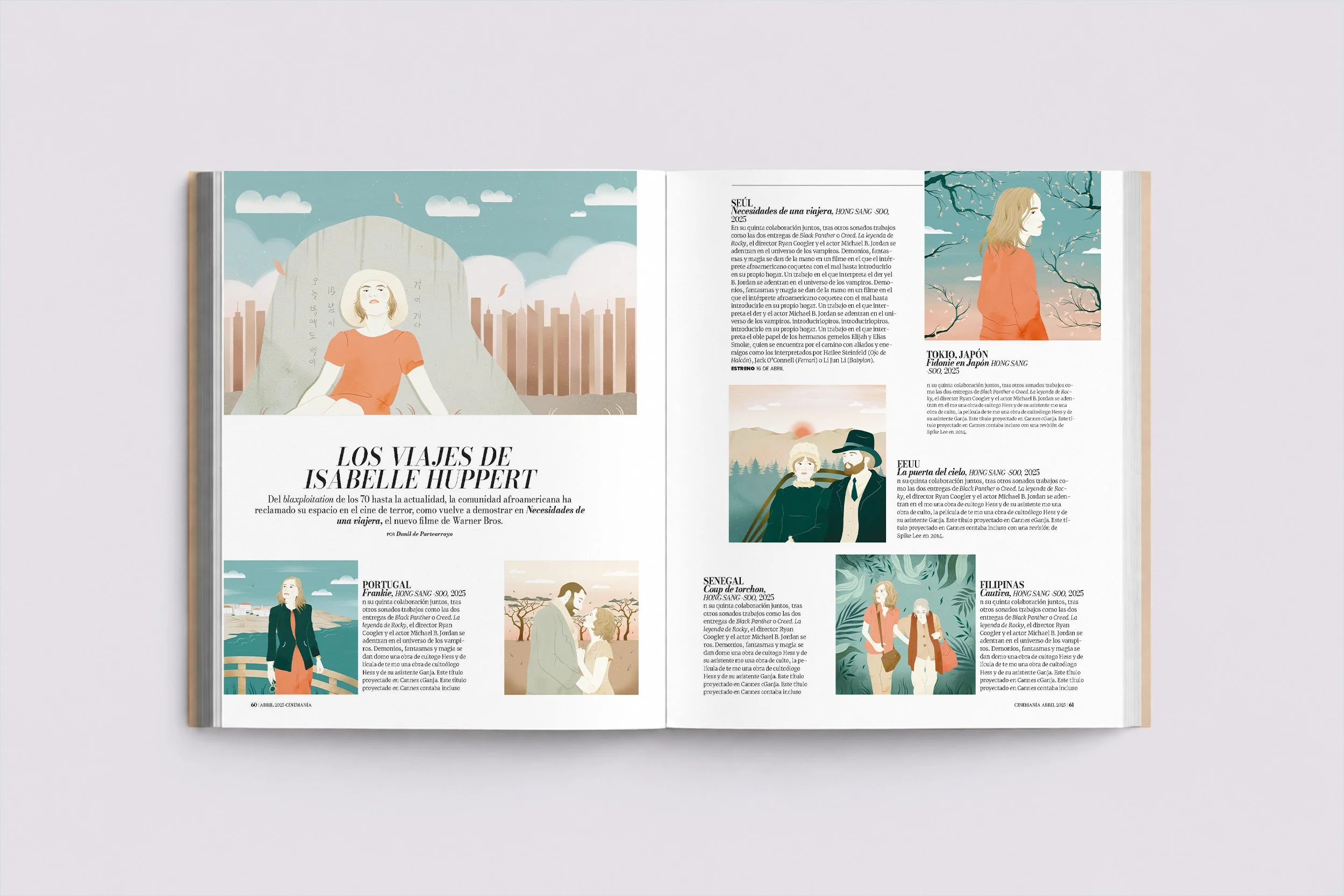 Anna Payan press illustration for Cinemania Magazine, about Isabelle Huppert