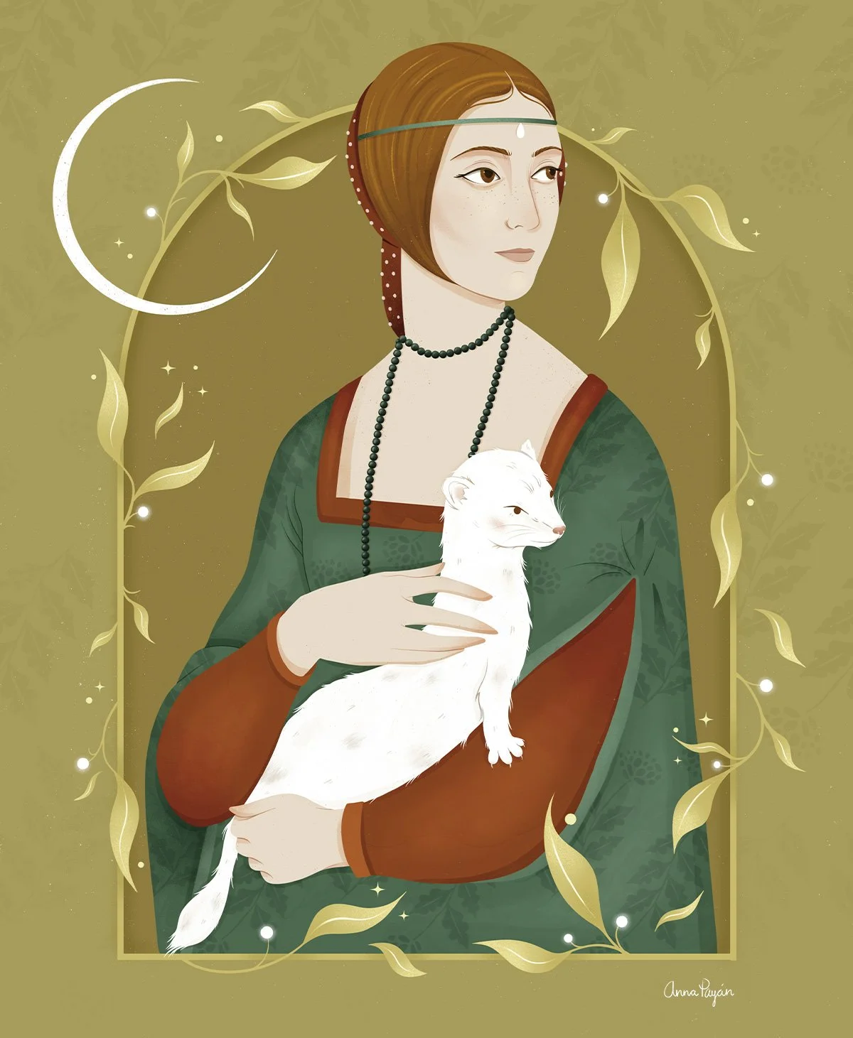 Portrait of Lady with an Ermine, editorial illustration by Anna Payan