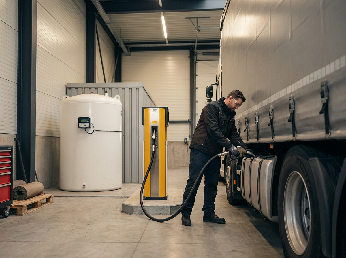 A man refueling a large truck in a warehouse setting, with a large white tank, a yellow and black fuel pump, and industrial items nearby.