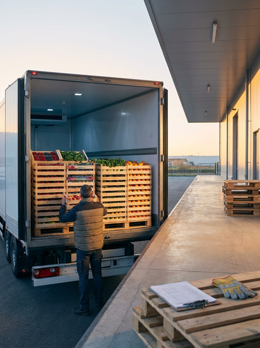 A person unloading a truck filled with crates of fresh vegetables and fruits outside a warehouse or distribution center during sunset.