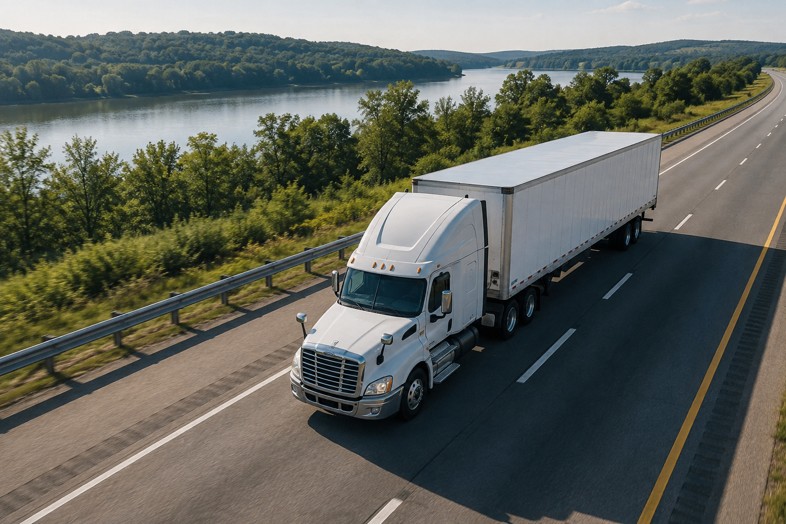 A white semi-truck driving on a highway beside a river surrounded by green trees and hills.