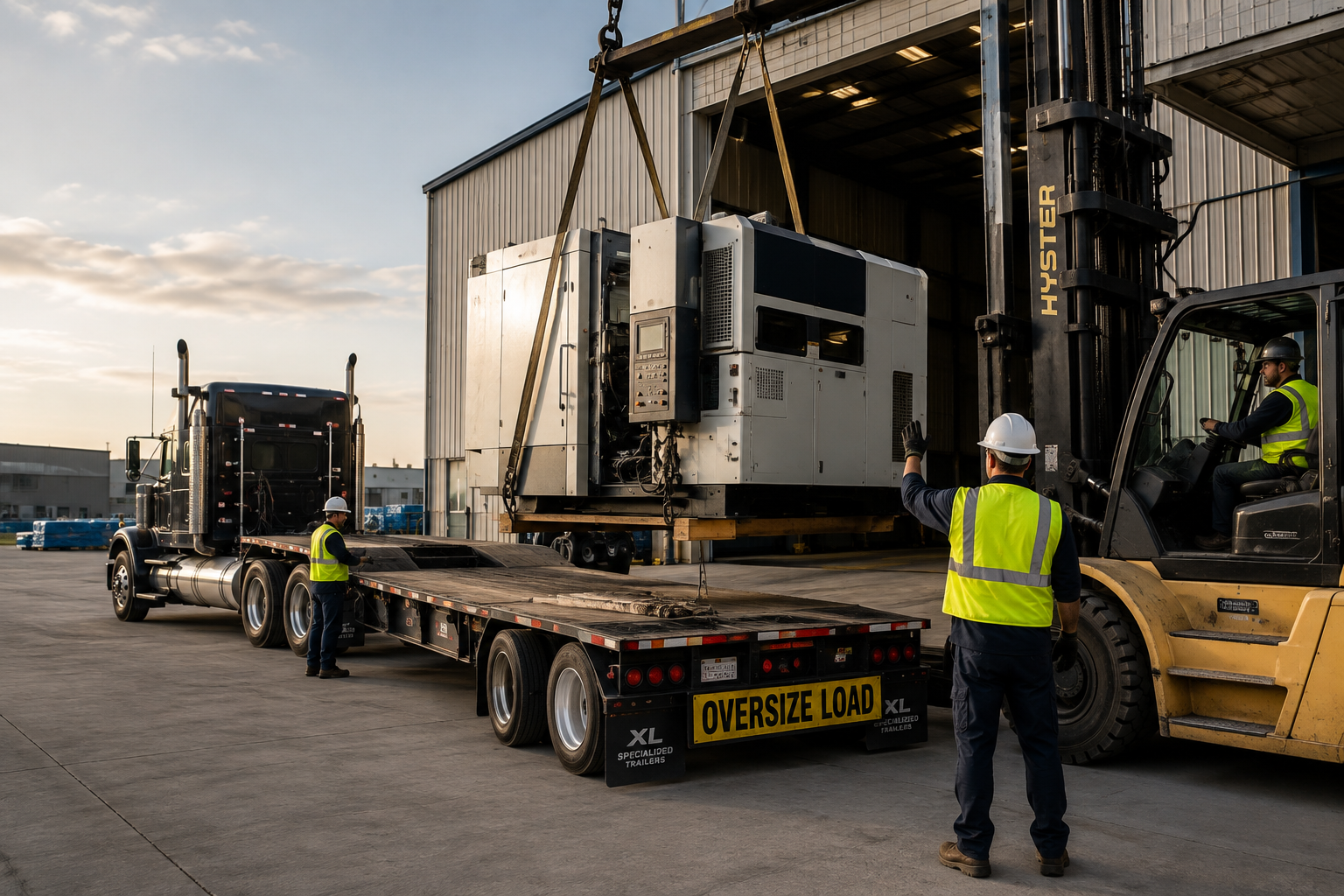 Workers are loading a large industrial machine onto a flatbed truck using a forklift at an outdoor industrial site.