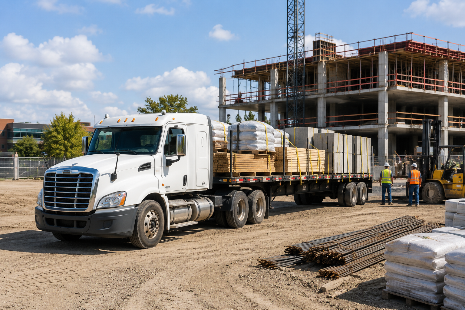 Construction site with a white truck carrying building materials, several workers, and a building under construction in the background.