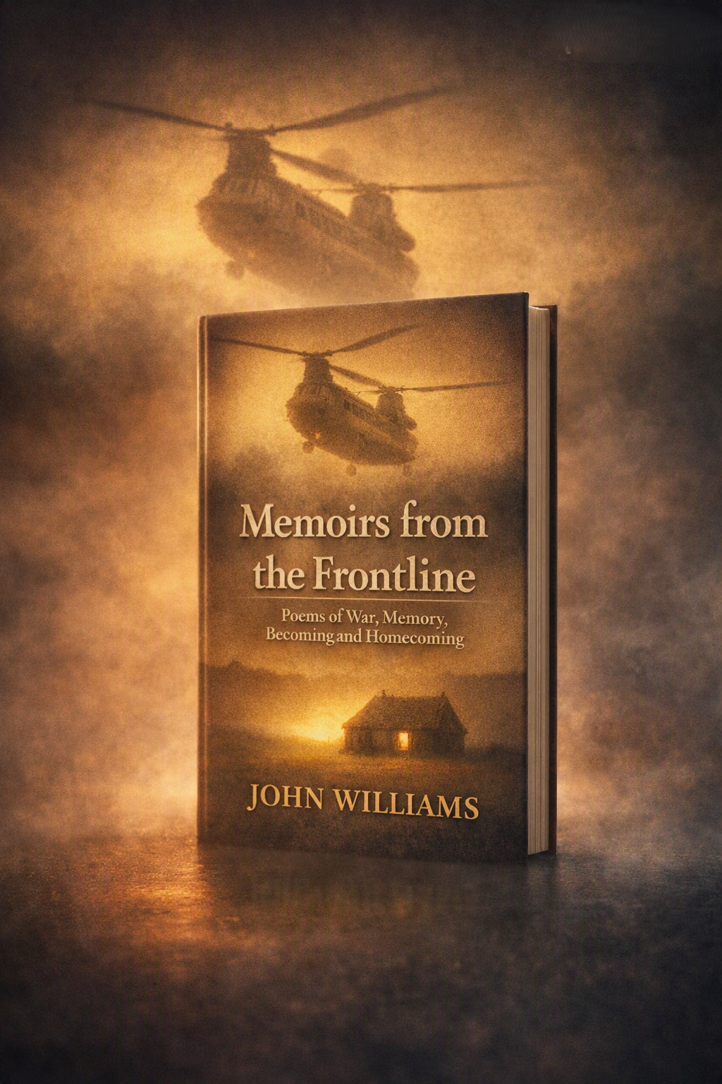 A book titled 'Memoirs from the Frontline' by John Williams stands upright with a background image of a helicopter flying at sunset and a small house with a light glowing inside. ISBN:  9798194795260     ISBN: 978-1-0369-7836-5