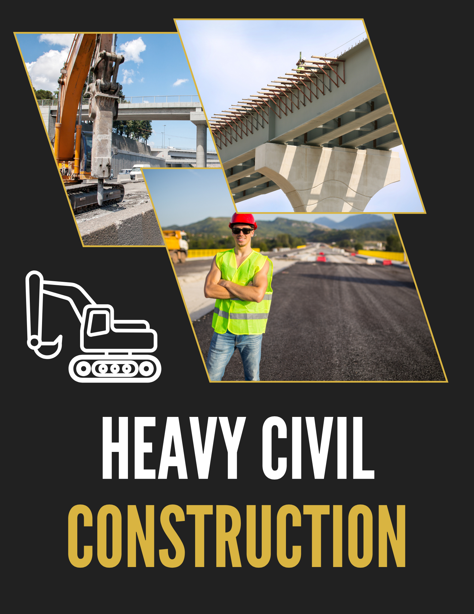 Signs reading "Heavy Civil Construction" with images of construction equipment, bridges, and workers in safety gear.
