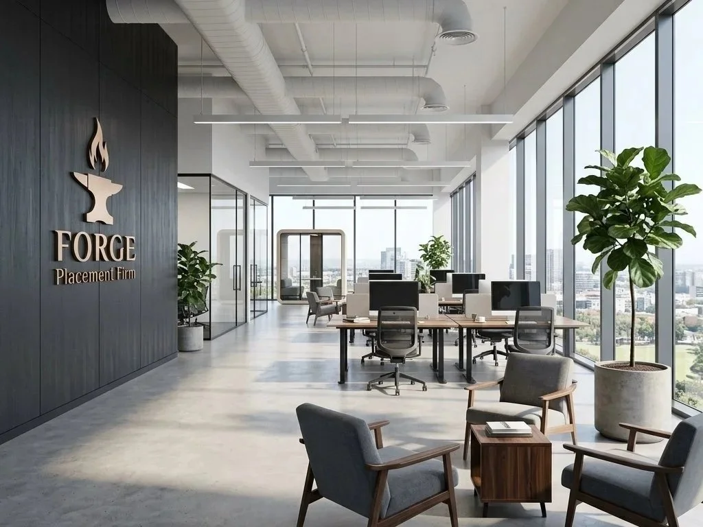 Modern office with large windows, comfortable chairs, and workstations, featuring a company logo on a wall that says 'FORGE Placement Firm' and a sculpture of a flame over a cup.