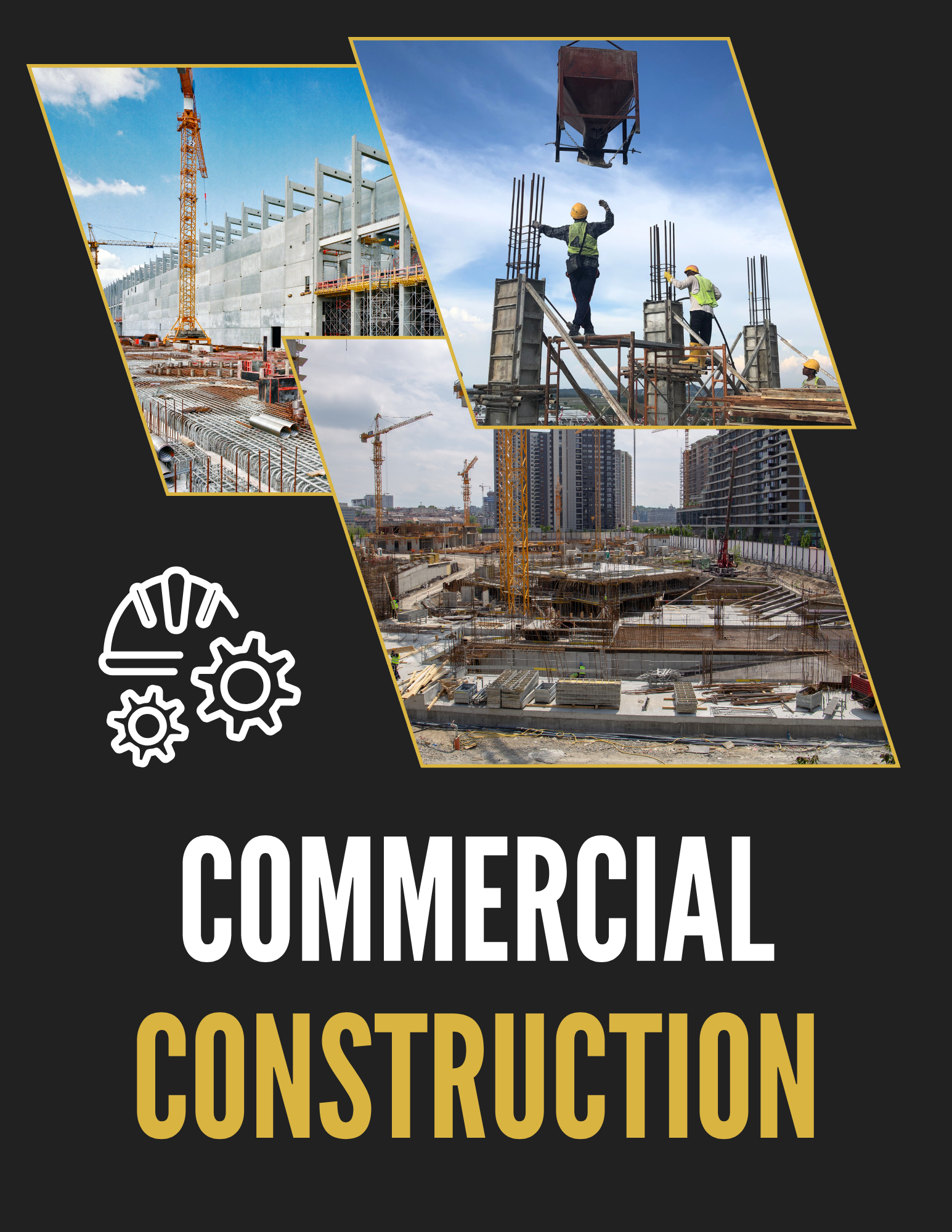 Collage of construction site images showing cranes, workers, and building framework, with overlay text reading 'Commercial Construction' and gear icons.