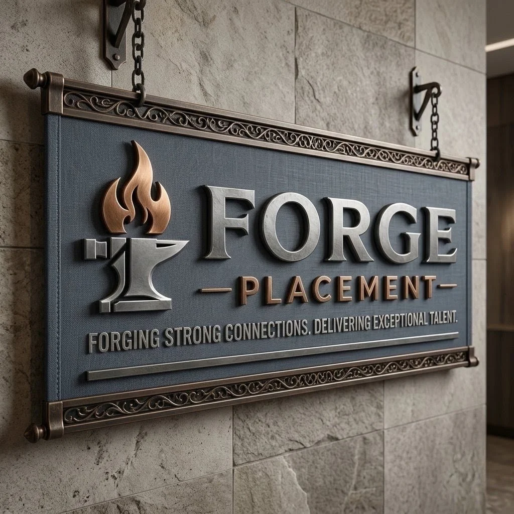 Sign for Forge Placement with an anvil and flame logo, mounted on a stone wall.