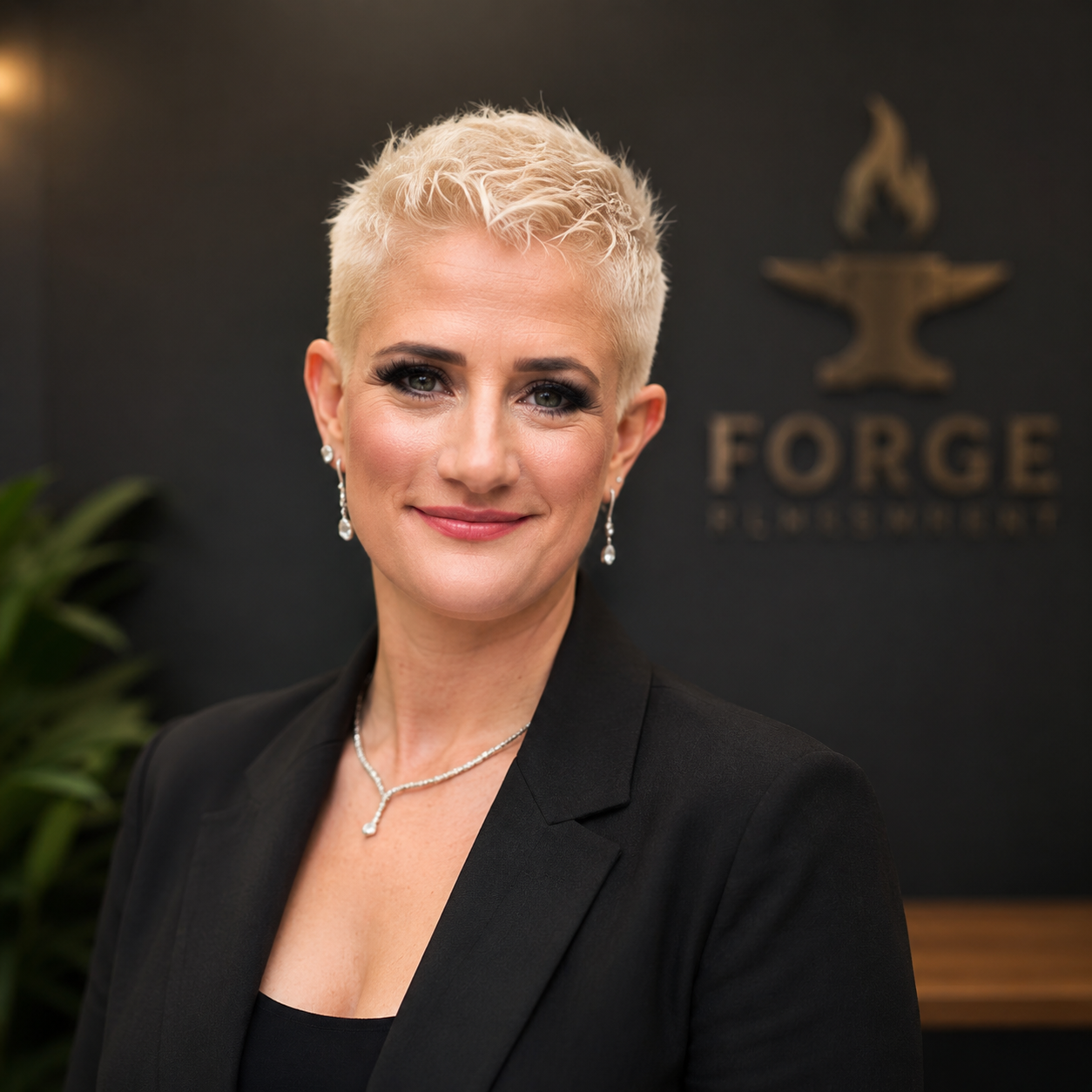 A woman with short platinum blonde hair, wearing a black blazer and jewelry, smiling in front of a dark background with the logo and text 'Forge Boutique'.
