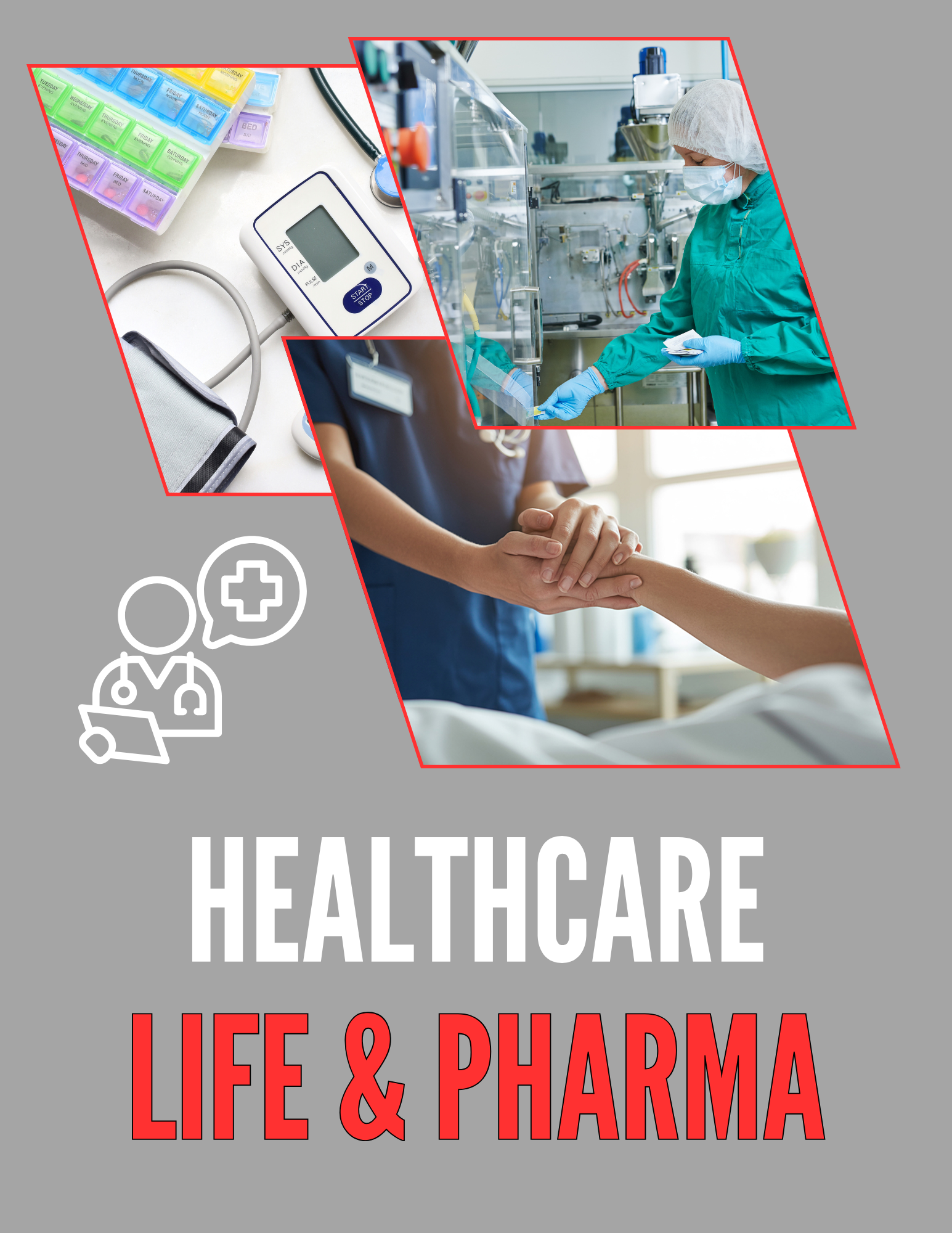 A collage of healthcare images including a nurse or doctor drawing blood, a medical staff member examining a patient, a blood pressure monitor, and medication organizer boxes, with text about healthcare, life, and pharma.