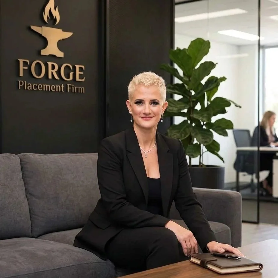 A woman with short blonde hair sitting on a gray sofa in an office lobby or reception area, wearing a black blazer and black top. Behind her is a large green plant and a black wall with a gold logo that reads 'FORGE Placement Firm' with an anvil and flame symbol. There are other people working at desks in the background.
