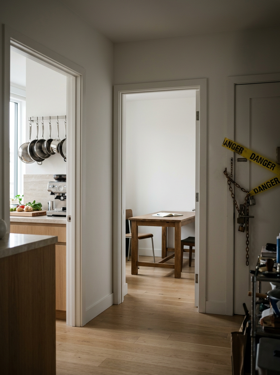 View of a kitchen and dining area in a home, with a door and a plywood kitchen counter on the left, and a dining table with chairs in the background. There is caution tape and chains with padlocks on the right door, indicating it is off-limits.
