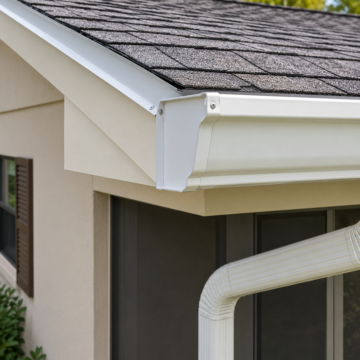 Close-up of a house roof corner showing shingles, white gutter system, and fascia board, with part of a window and awning visible.