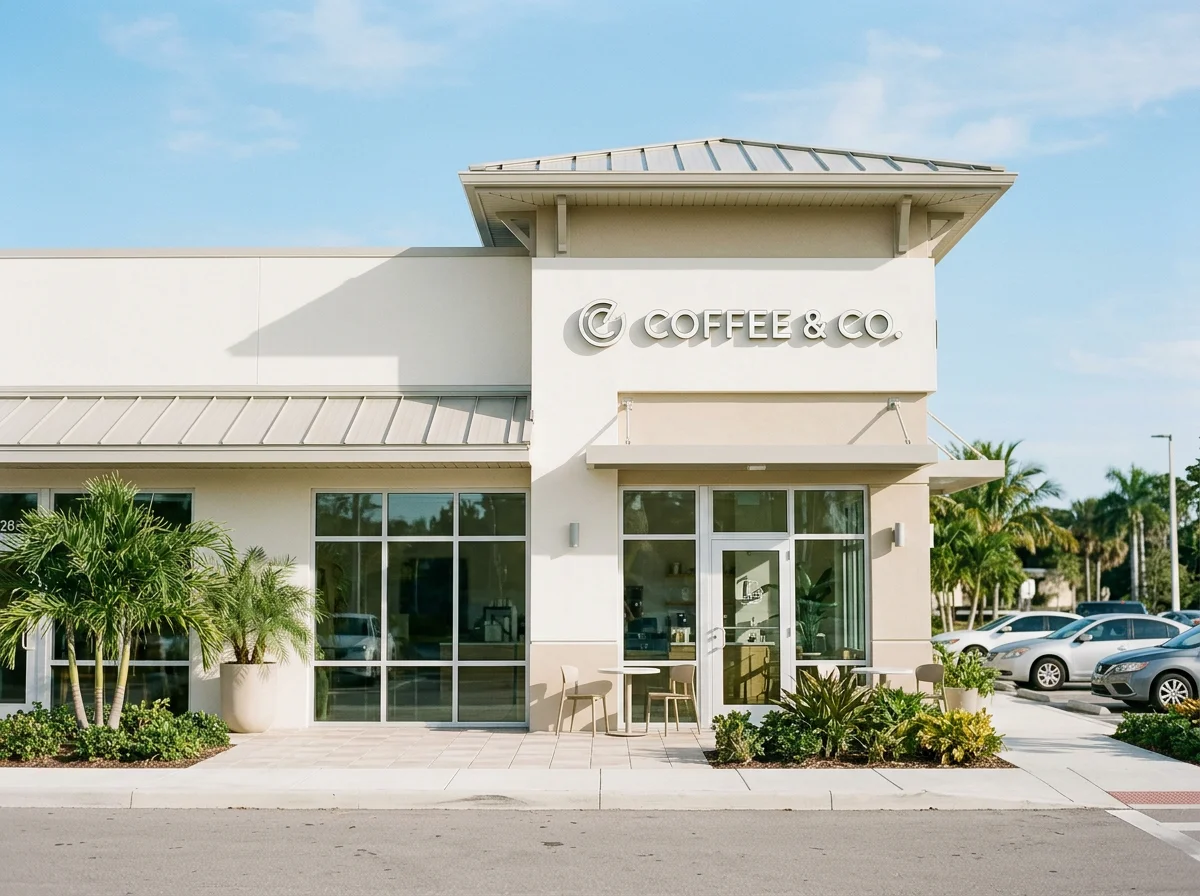 Modern coffee shop building with large glass windows and outdoor seating, surrounded by plants and parked cars, under a blue sky.