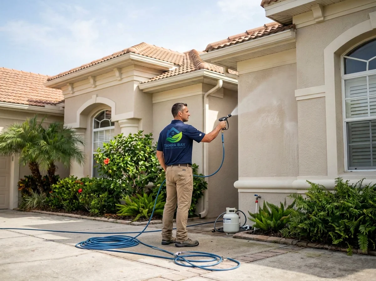 A man power washing the exterior wall of a house with greenery in the yard.