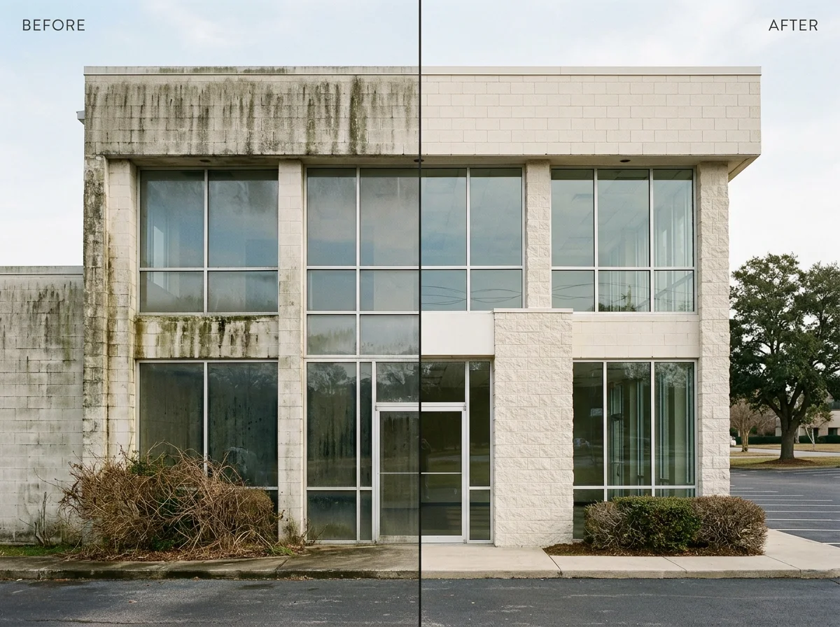 Comparison of a building before and after cleaning. The left side shows a dirty, moss-covered wall with overgrown bushes, while the right side shows a clean, well-maintained facade with trimmed bushes.