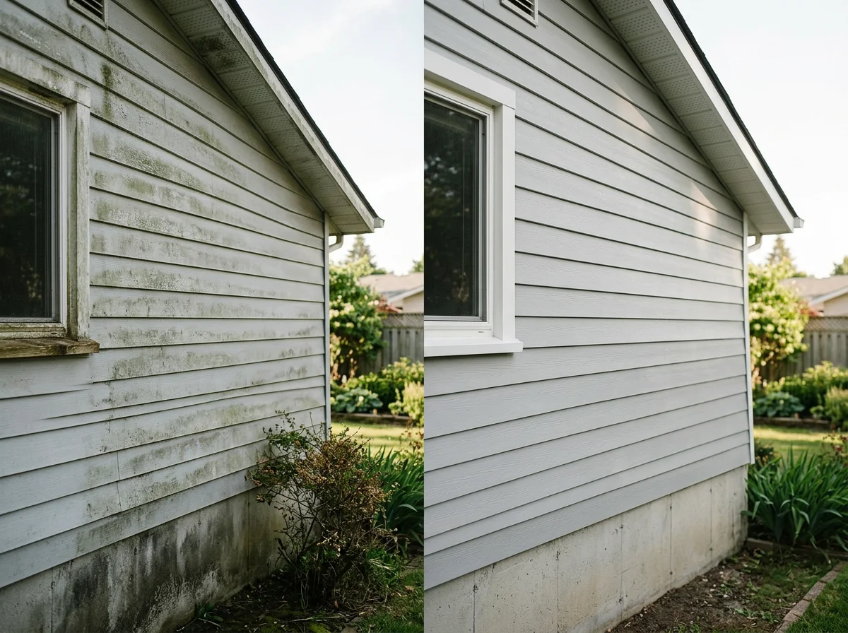 Side-by-side comparison of the exterior wall of a house, showing before and after cleaning. The left side is dirty with mold and grime, and the right side is clean with freshly painted or washed gray siding.