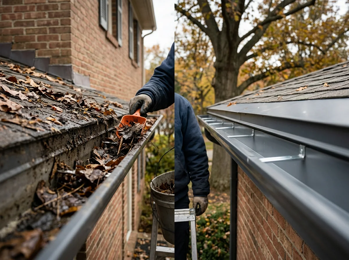 A side-by-side comparison of a gutter before and after cleaning, showing the transition from filled with leaves and debris to clean and clear.