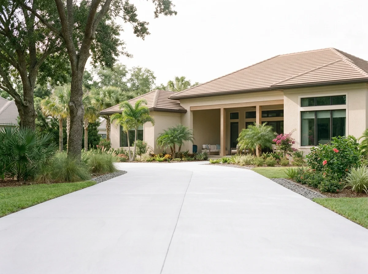 Front view of a modern house with a curved concrete driveway, surrounded by green bushes, trees, and colorful flowering plants.