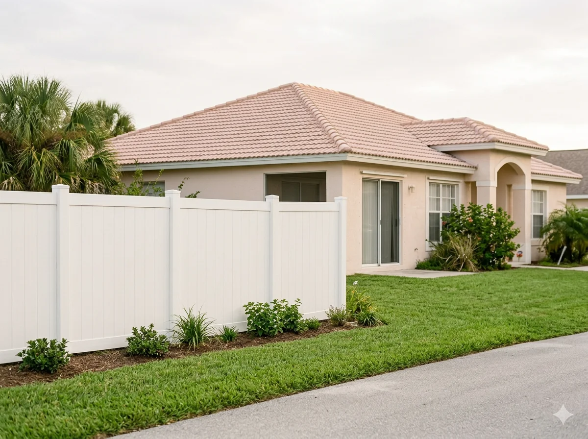 A house with a pink tiled roof, beige walls, and white sliding glass doors, surrounded by a white fence and green lawn with bushes and plants.
